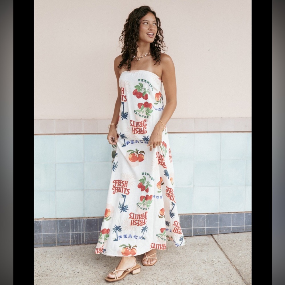 Strapless White Maxi Dress with Colorful Fruit Print